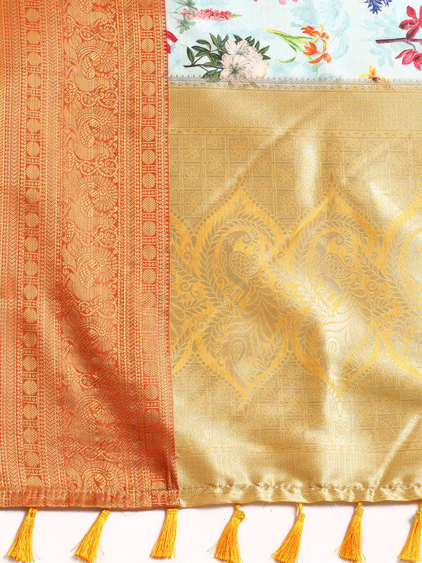 Sky Blue Pure Silk Digital Print Floral Saree with Unstitched Blouse - Hiral Fashion | Swadesiicart