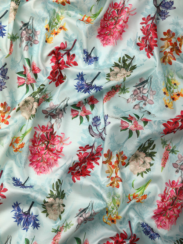 Sky Blue Pure Silk Digital Print Floral Saree with Unstitched Blouse - Hiral Fashion | Swadesiicart