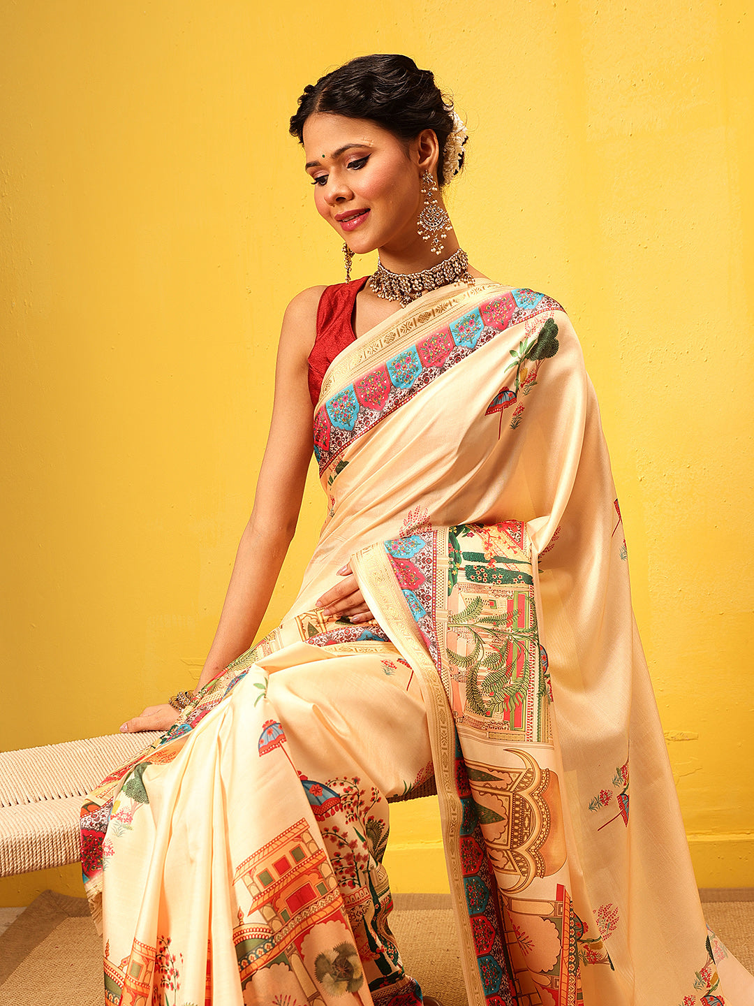 Hiral Fashion Beige Banarasi Art Silk Abstract Digital Printed Saree | Swadesiicart