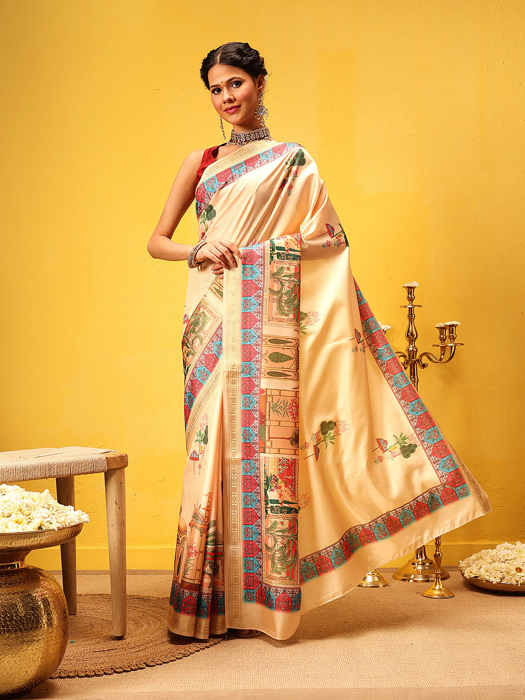 Hiral Fashion Beige Banarasi Art Silk Abstract Digital Printed Saree | Swadesiicart