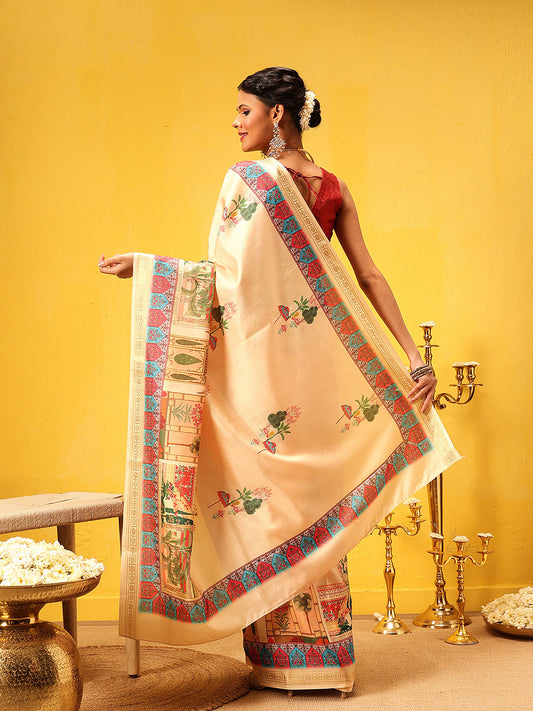 Hiral Fashion Beige Banarasi Art Silk Abstract Digital Printed Saree | Swadesiicart