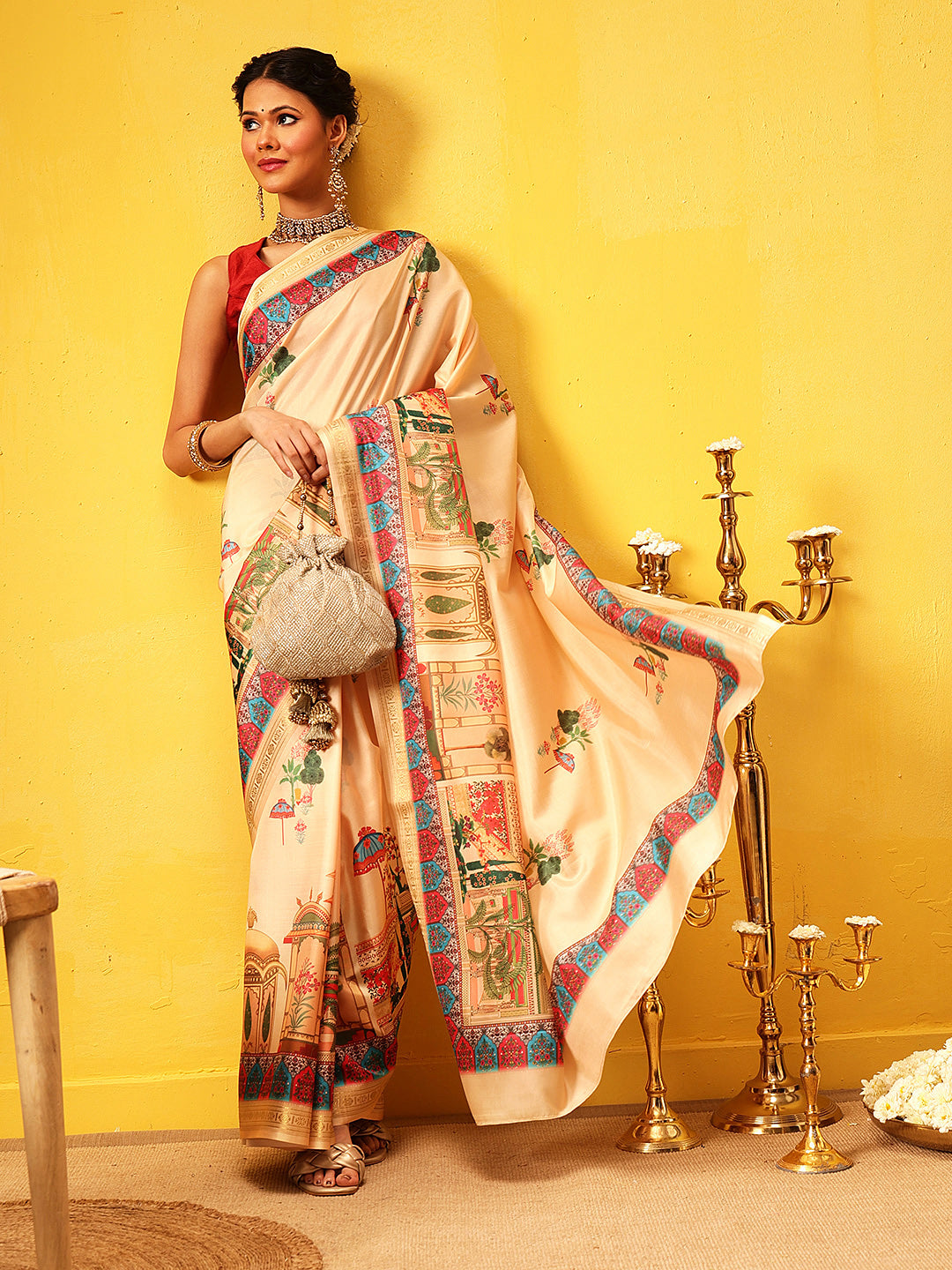Hiral Fashion Beige Banarasi Art Silk Abstract Digital Printed Saree | Swadesiicart