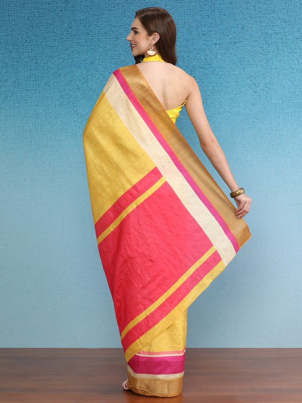 Mustard Tusser Silk Digital Print Solid Saree with Unstitched Blouse - Hiral Fashion | Swadesiicart