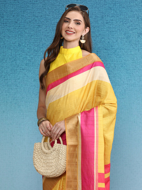 Mustard Tusser Silk Digital Print Solid Saree with Unstitched Blouse - Hiral Fashion | Swadesiicart