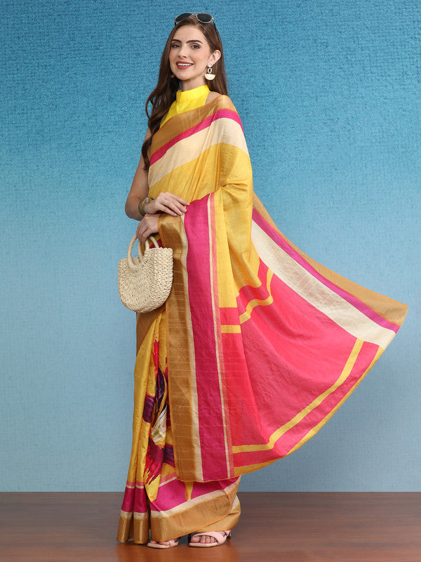 Mustard Tusser Silk Digital Print Solid Saree with Unstitched Blouse - Hiral Fashion | Swadesiicart