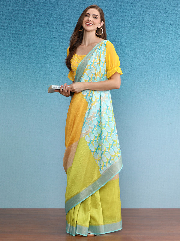Multicolor Tusser Silk Digital Print Solid Saree with Unstitched Blouse - Hiral Fashion | Swadesiicart