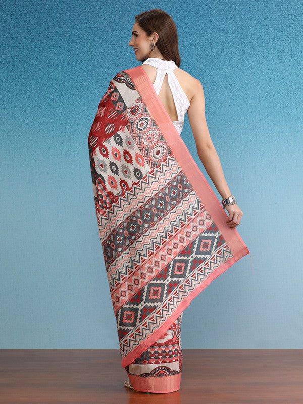 Multicolor Tusser Silk Digital Print Abstract Saree with Unstitched Blouse - Hiral Fashion | Swadesiicart