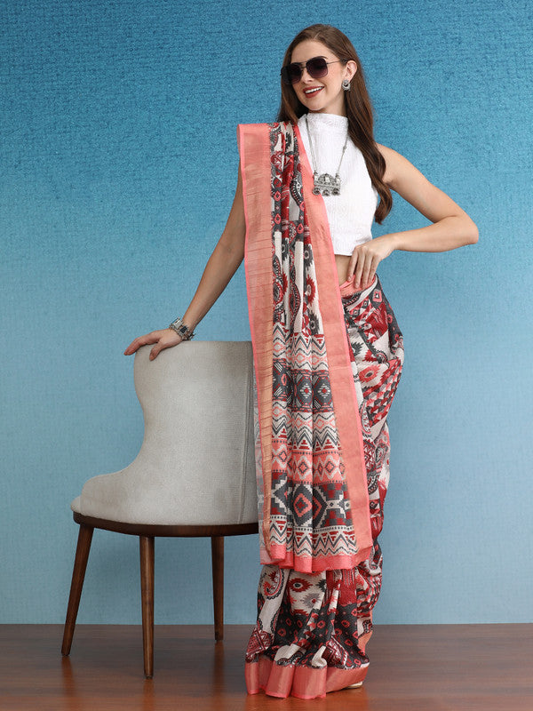 Multicolor Tusser Silk Digital Print Abstract Saree with Unstitched Blouse - Hiral Fashion | Swadesiicart