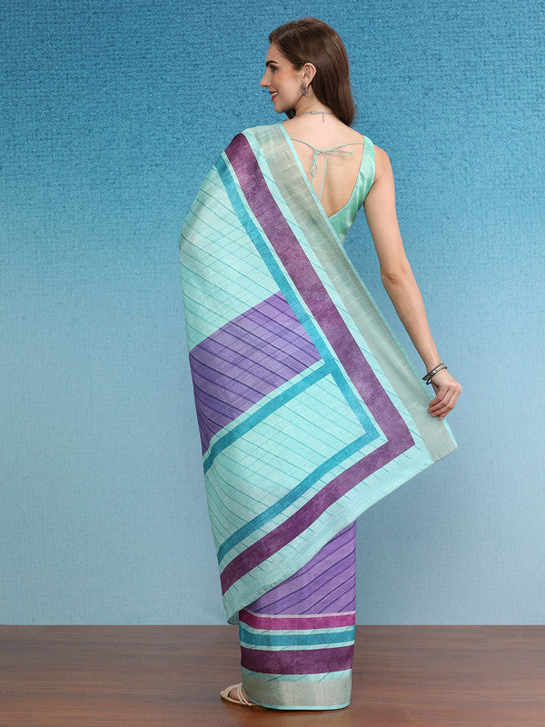 Purple Tusser Silk Digital Print Striped Saree with Unstitched Blouse - Hiral Fashion | Swadesiicart