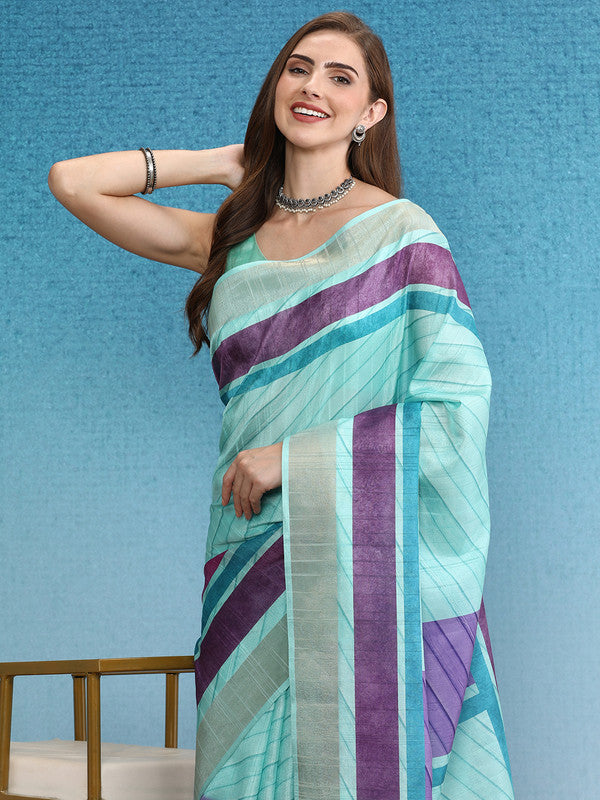 Purple Tusser Silk Digital Print Striped Saree with Unstitched Blouse - Hiral Fashion | Swadesiicart