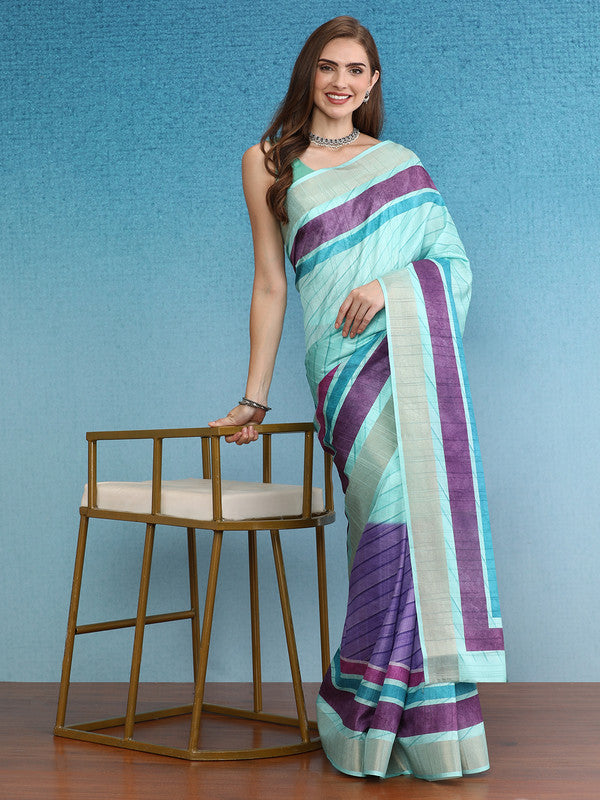 Purple Tusser Silk Digital Print Striped Saree with Unstitched Blouse - Hiral Fashion | Swadesiicart