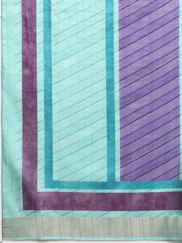 Purple Tusser Silk Digital Print Striped Saree with Unstitched Blouse - Hiral Fashion | Swadesiicart