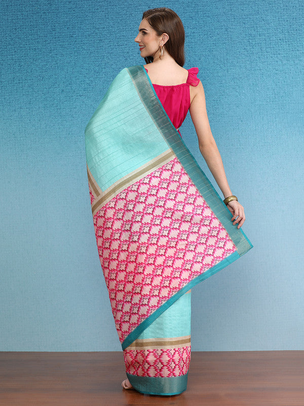 Turquoise Tusser Silk Digital Print Striped Saree with Unstitched Blouse - Hiral Fashion | Swadesiicart