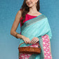 Turquoise Tusser Silk Digital Print Striped Saree with Unstitched Blouse - Hiral Fashion | Swadesiicart