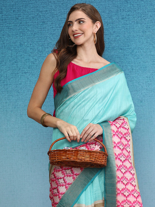 Turquoise Tusser Silk Digital Print Striped Saree with Unstitched Blouse - Hiral Fashion | Swadesiicart