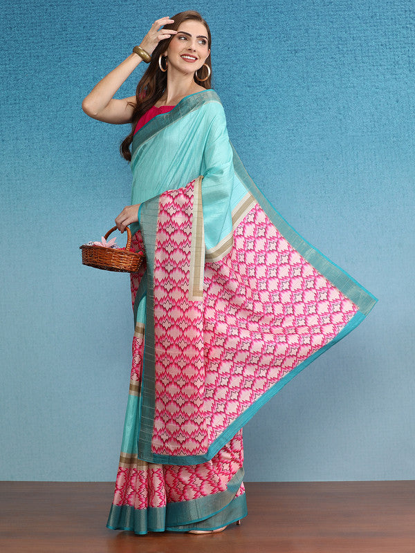 Turquoise Tusser Silk Digital Print Striped Saree with Unstitched Blouse - Hiral Fashion | Swadesiicart