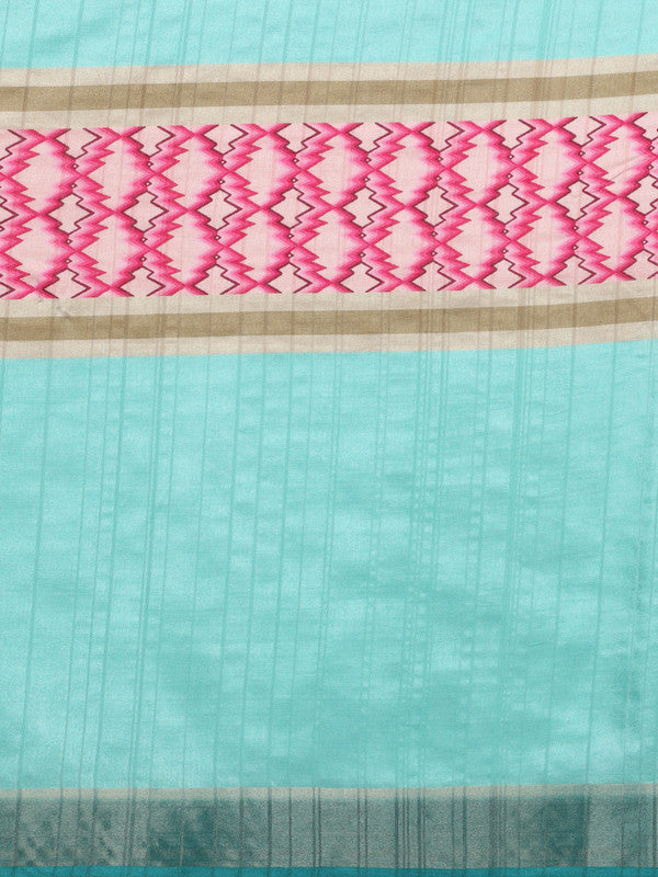 Turquoise Tusser Silk Digital Print Striped Saree with Unstitched Blouse - Hiral Fashion | Swadesiicart
