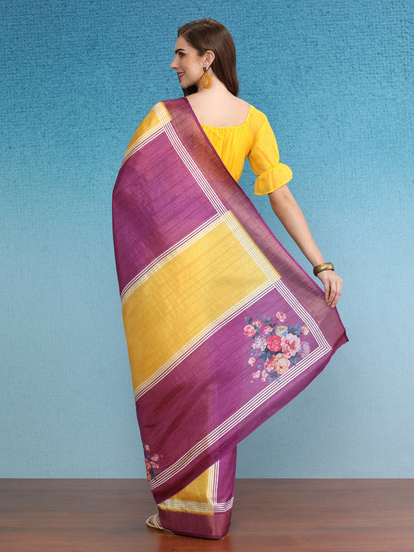 Yellow Tusser Silk Digital Print Solid Saree with Unstitched Blouse - Hiral Fashion | Swadesiicart