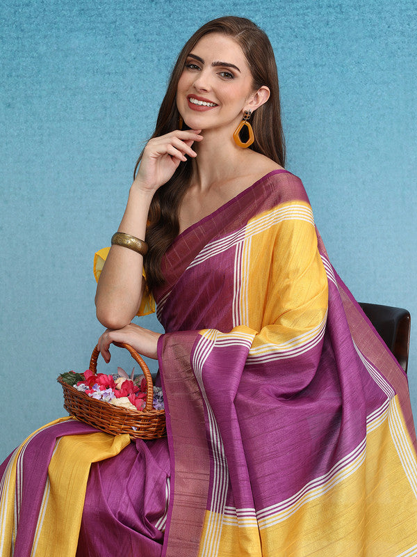 Yellow Tusser Silk Digital Print Solid Saree with Unstitched Blouse - Hiral Fashion | Swadesiicart