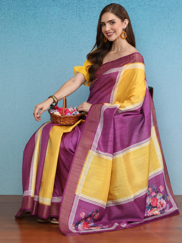 Yellow Tusser Silk Digital Print Solid Saree with Unstitched Blouse - Hiral Fashion | Swadesiicart