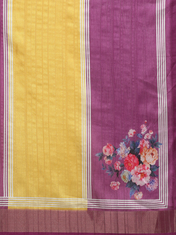Yellow Tusser Silk Digital Print Solid Saree with Unstitched Blouse - Hiral Fashion | Swadesiicart