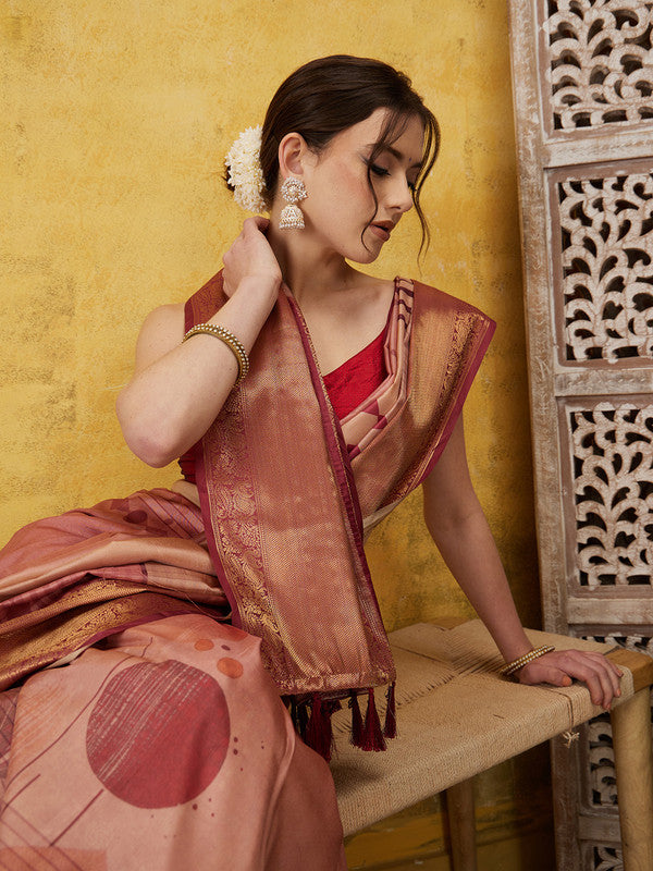 Peach Tusser Silk Digital Print Striped Saree with Unstitched Blouse - Hiral Fashion | Swadesiicart