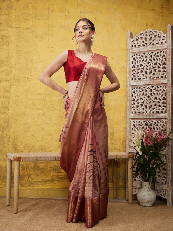 Peach Tusser Silk Digital Print Striped Saree with Unstitched Blouse - Hiral Fashion | Swadesiicart
