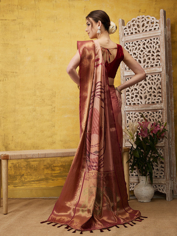 Peach Tusser Silk Digital Print Striped Saree with Unstitched Blouse - Hiral Fashion | Swadesiicart
