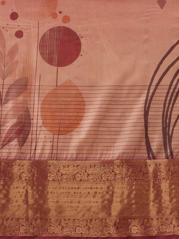 Peach Tusser Silk Digital Print Striped Saree with Unstitched Blouse - Hiral Fashion | Swadesiicart