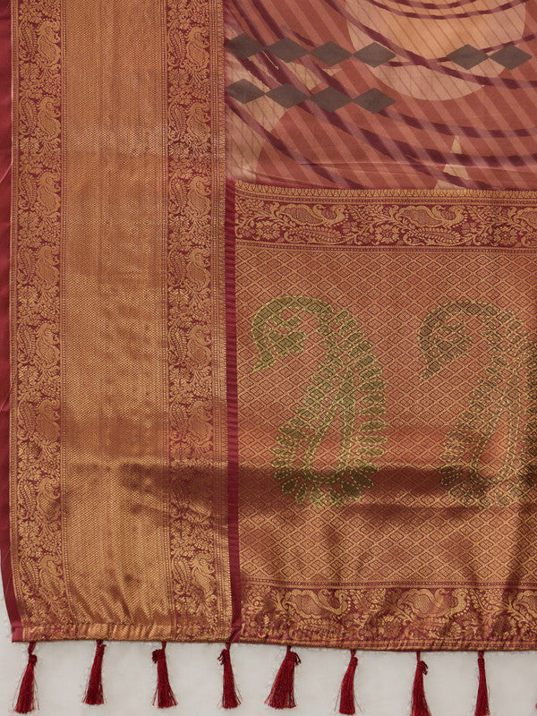 Peach Tusser Silk Digital Print Striped Saree with Unstitched Blouse - Hiral Fashion | Swadesiicart