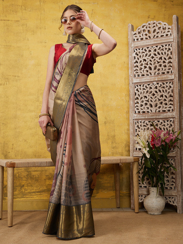 Multicolor Tusser Silk Digital Print Striped Saree with Unstitched Blouse - Hiral Fashion | Swadesiicart