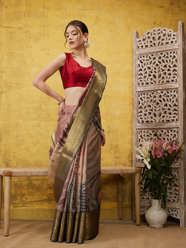 Multicolor Tusser Silk Digital Print Striped Saree with Unstitched Blouse - Hiral Fashion | Swadesiicart
