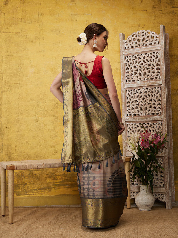 Multicolor Tusser Silk Digital Print Striped Saree with Unstitched Blouse - Hiral Fashion | Swadesiicart