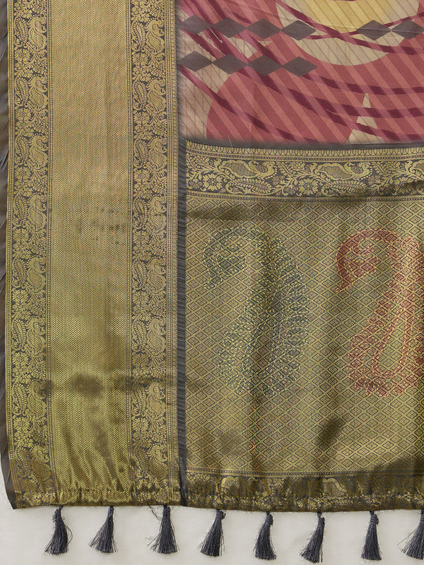 Multicolor Tusser Silk Digital Print Striped Saree with Unstitched Blouse - Hiral Fashion | Swadesiicart