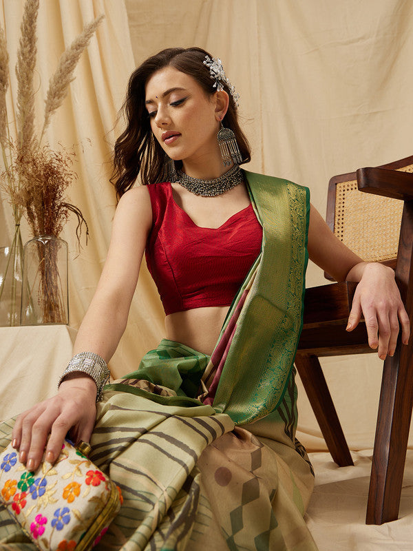 Multicolor Tusser Silk Digital Print Striped Saree with Unstitched Blouse - Hiral Fashion | Swadesiicart