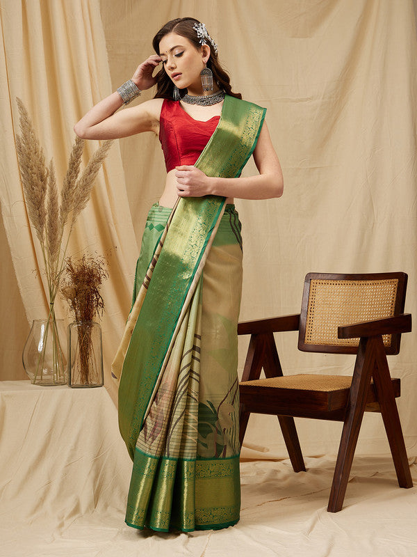 Multicolor Tusser Silk Digital Print Striped Saree with Unstitched Blouse - Hiral Fashion | Swadesiicart