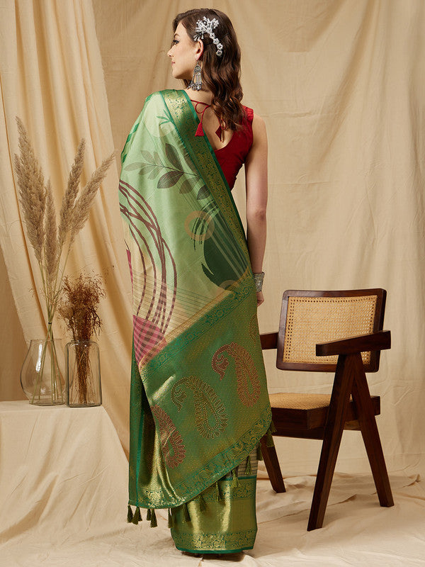 Multicolor Tusser Silk Digital Print Striped Saree with Unstitched Blouse - Hiral Fashion | Swadesiicart