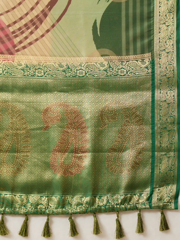 Multicolor Tusser Silk Digital Print Striped Saree with Unstitched Blouse - Hiral Fashion | Swadesiicart