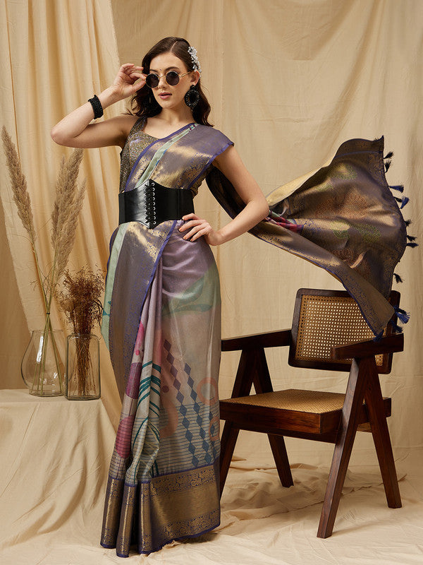 Multicolor Tusser Silk Digital Print Striped Saree with Unstitched Blouse - Hiral Fashion | Swadesiicart