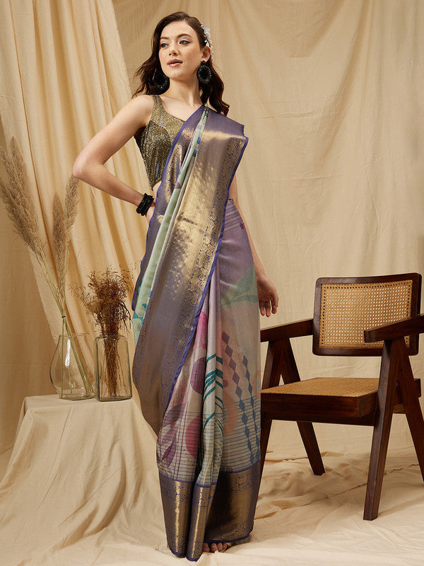 Multicolor Tusser Silk Digital Print Striped Saree with Unstitched Blouse - Hiral Fashion | Swadesiicart