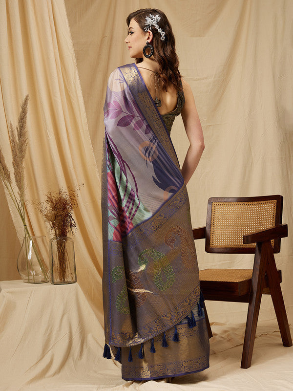Multicolor Tusser Silk Digital Print Striped Saree with Unstitched Blouse - Hiral Fashion | Swadesiicart