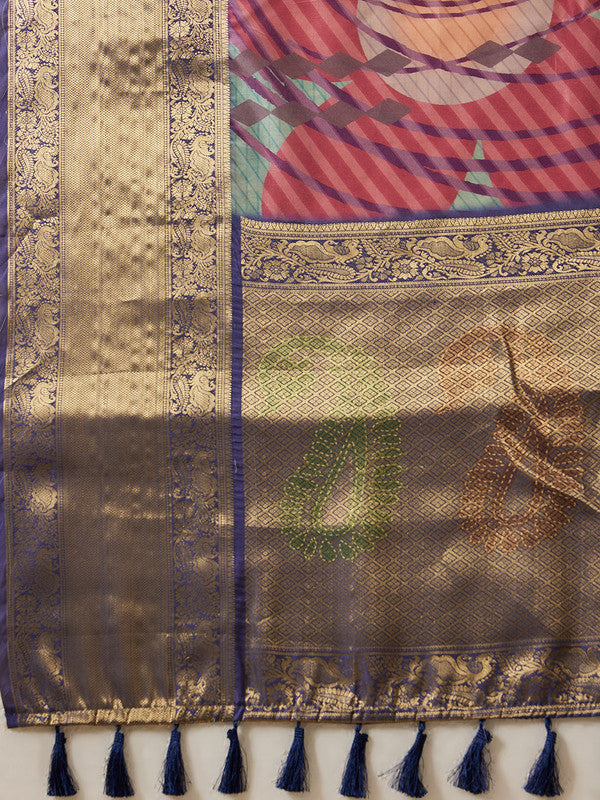 Multicolor Tusser Silk Digital Print Striped Saree with Unstitched Blouse - Hiral Fashion | Swadesiicart