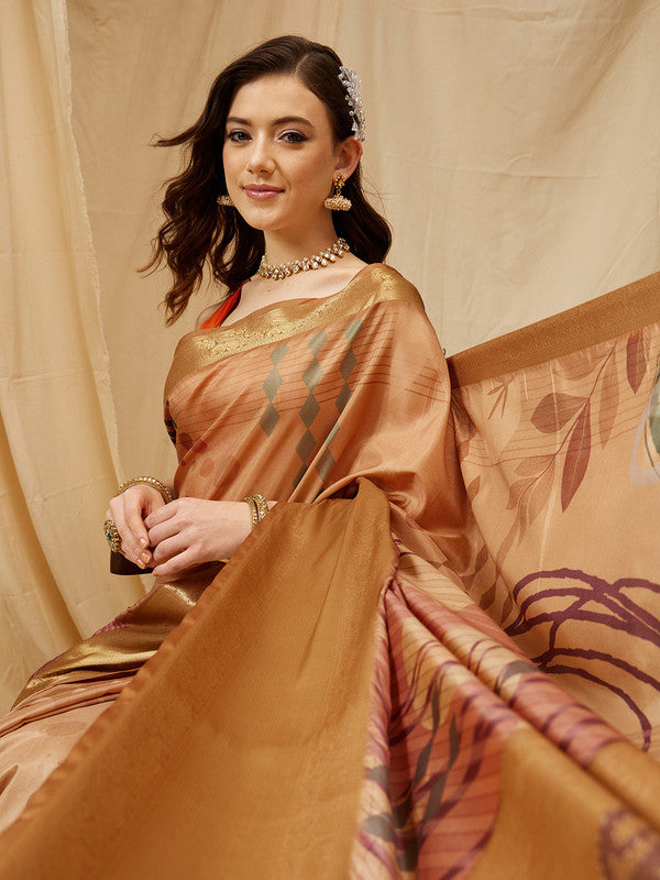 Multicolor Tusser Silk Digital Print Striped Saree with Unstitched Blouse - Hiral Fashion | Swadesiicart