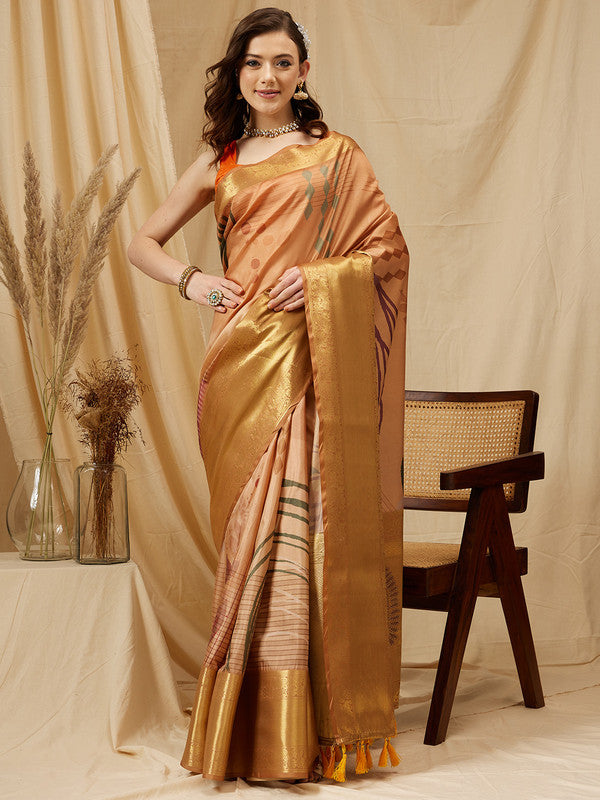 Multicolor Tusser Silk Digital Print Striped Saree with Unstitched Blouse - Hiral Fashion | Swadesiicart