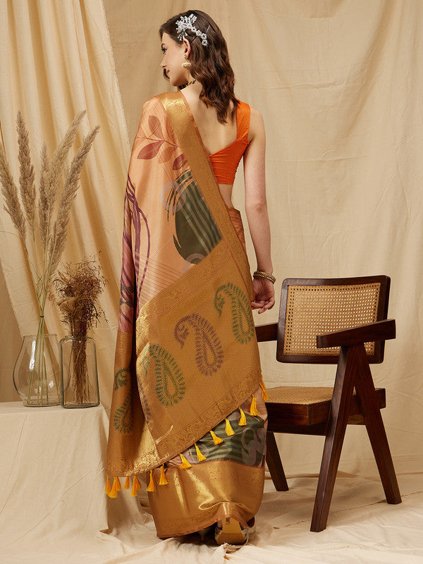 Multicolor Tusser Silk Digital Print Striped Saree with Unstitched Blouse - Hiral Fashion | Swadesiicart