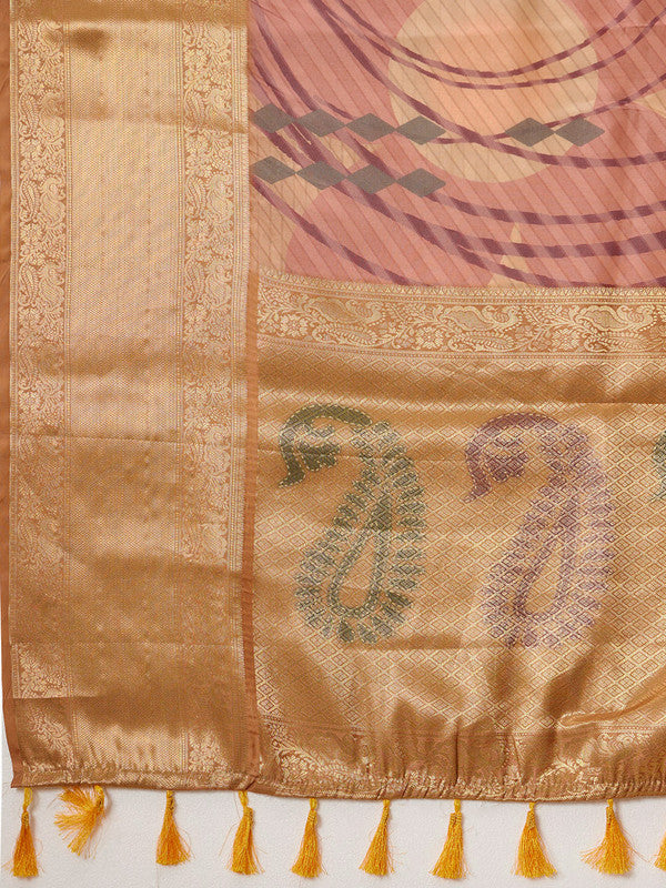 Multicolor Tusser Silk Digital Print Striped Saree with Unstitched Blouse - Hiral Fashion | Swadesiicart