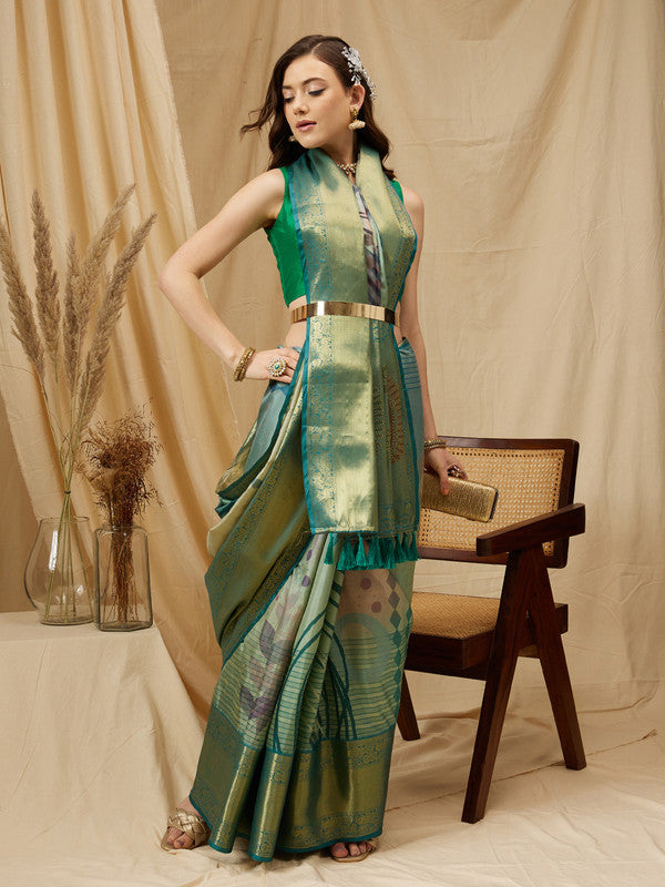 Multicolor Tusser Silk Digital Print Striped Saree with Unstitched Blouse - Hiral Fashion | Swadesiicart