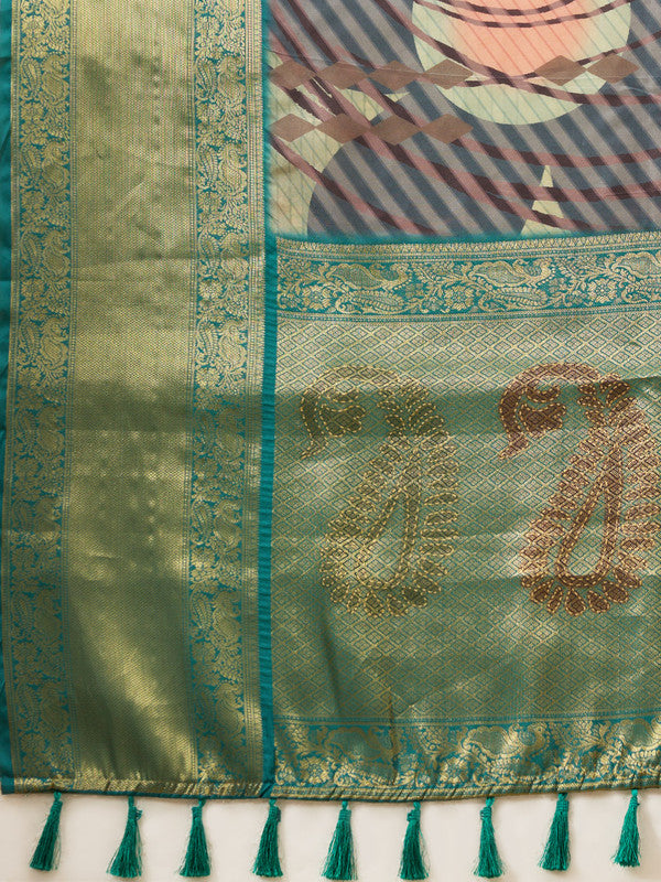 Multicolor Tusser Silk Digital Print Striped Saree with Unstitched Blouse - Hiral Fashion | Swadesiicart