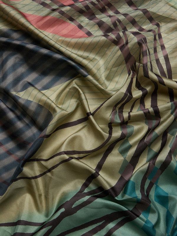 Multicolor Tusser Silk Digital Print Striped Saree with Unstitched Blouse - Hiral Fashion | Swadesiicart