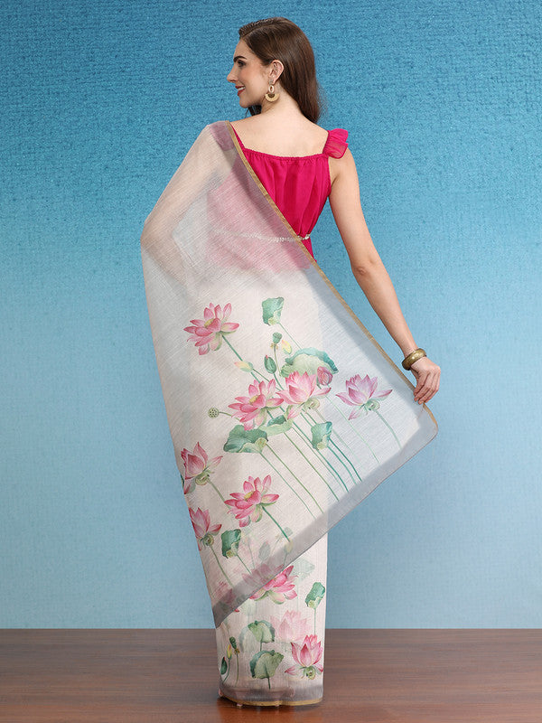 Beige Cotton Blend Digital Print Floral Saree with Unstitched Blouse - Hiral Fashion | Swadesiicart